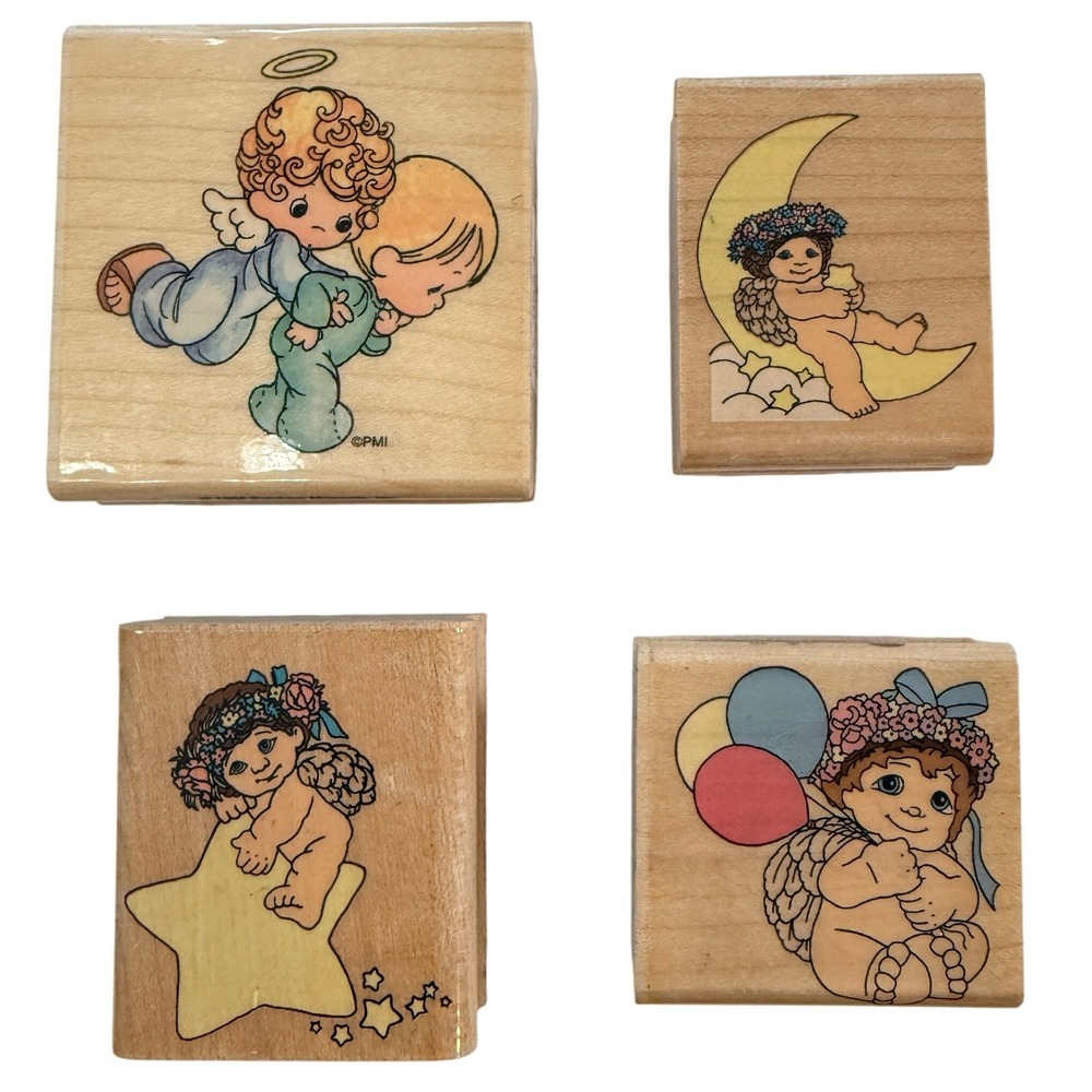 Precious Moments Rubber Stamp Set Cherub Angel Moon Star Wood Tan Rubber